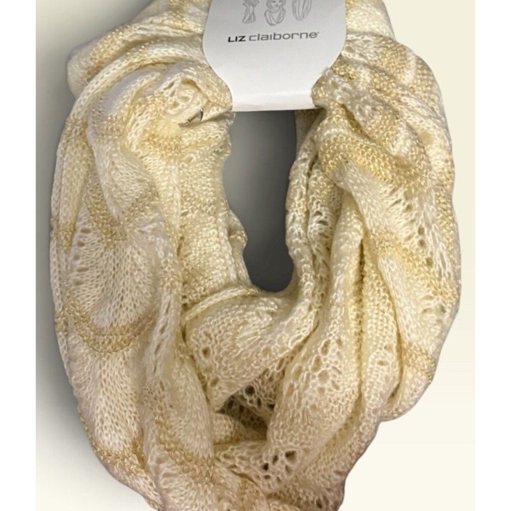 Liz Claiborne Ivory Metallic Gold Open Knit Infinity Scarf NWT - Picture 2 of 5